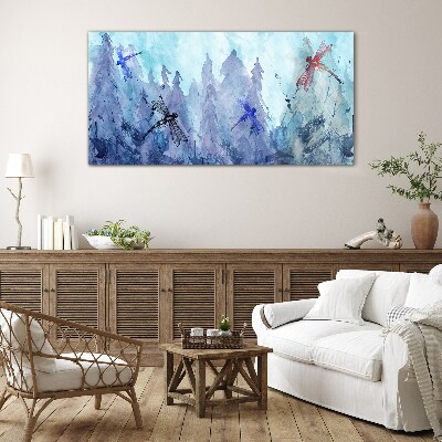 Glasbild Schlanke Libellen in einer Waldlandschaft