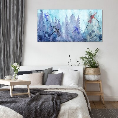Glasbild Schlanke Libellen in einer Waldlandschaft