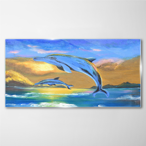 Glasbild Delfine im Sonnenuntergang