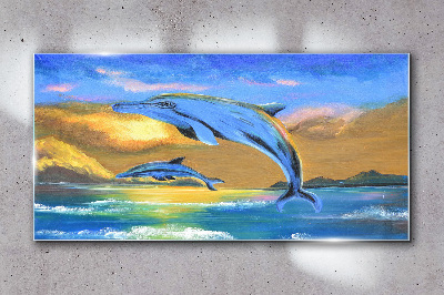 Glasbild Delfine im Sonnenuntergang