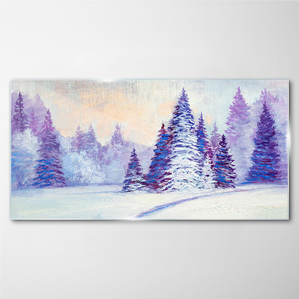 Glasbild Winterlandschaft mit lila Bäumen