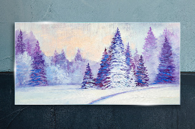 Glasbild Winterlandschaft mit lila Bäumen