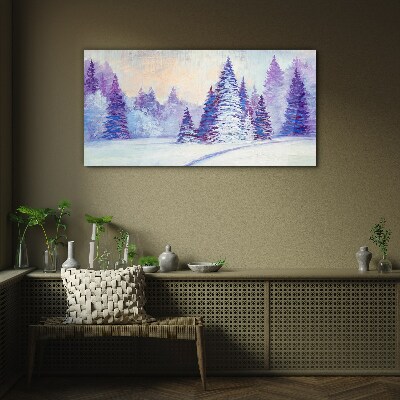 Glasbild Winterlandschaft mit lila Bäumen