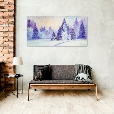 Glasbild Winterlandschaft mit lila Bäumen