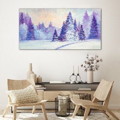 Glasbild Winterlandschaft mit lila Bäumen