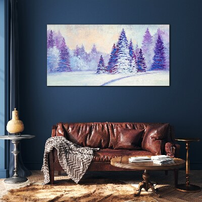 Glasbild Winterlandschaft mit lila Bäumen