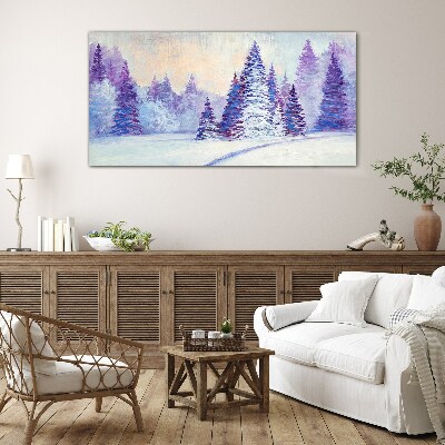 Glasbild Winterlandschaft mit lila Bäumen