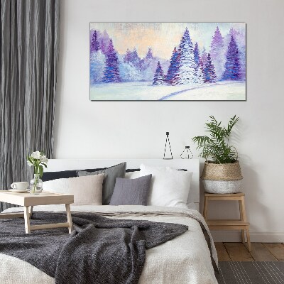 Glasbild Winterlandschaft mit lila Bäumen