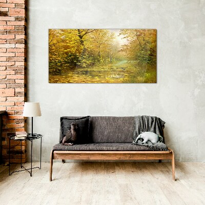 Glasbild Goldener Herbst am Teich