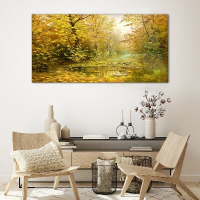 Glasbild Goldener Herbst am Teich