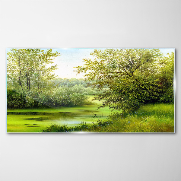 Glasbild Grüne Landschaft am Wasser