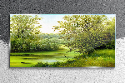 Glasbild Grüne Landschaft am Wasser