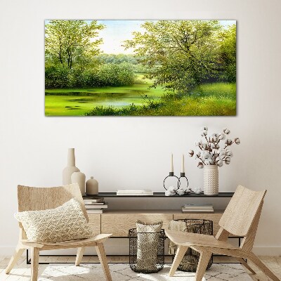 Glasbild Grüne Landschaft am Wasser