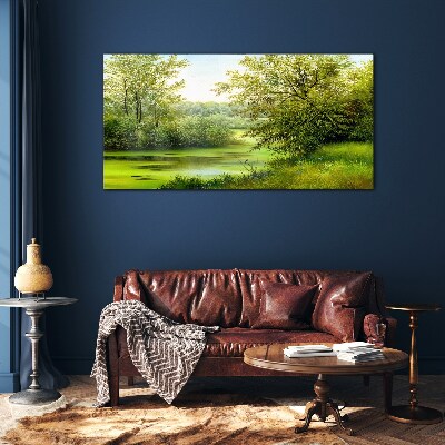 Glasbild Grüne Landschaft am Wasser