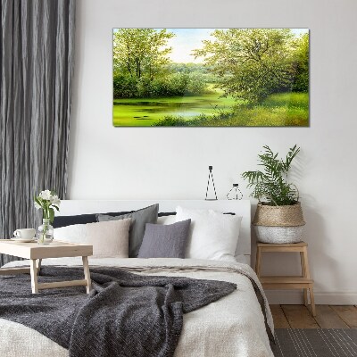 Glasbild Grüne Landschaft am Wasser