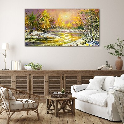 Glasbild Goldener Fluss im Herbstwald
