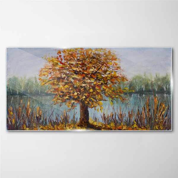 Glasbild Goldener Herbst am Teich