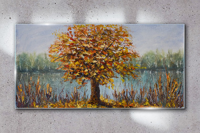 Glasbild Goldener Herbst am Teich