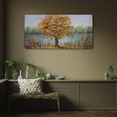 Glasbild Goldener Herbst am Teich