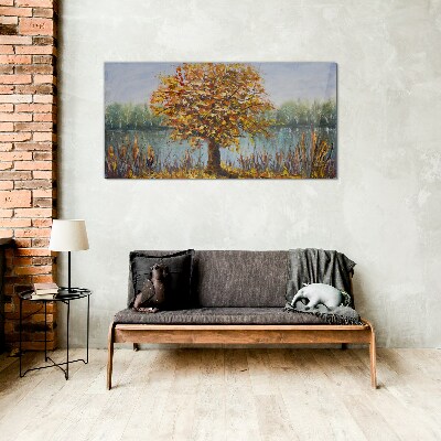 Glasbild Goldener Herbst am Teich