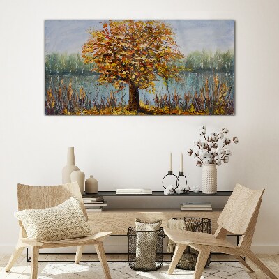 Glasbild Goldener Herbst am Teich