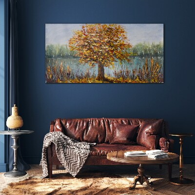 Glasbild Goldener Herbst am Teich