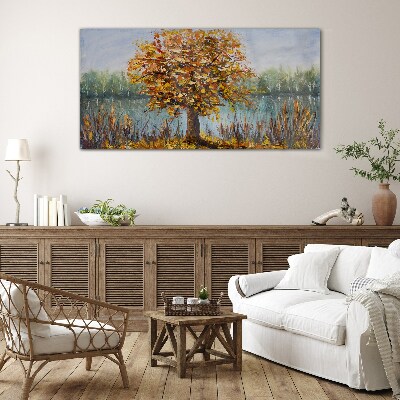 Glasbild Goldener Herbst am Teich