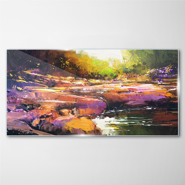 Glasbild Farbenfrohe Landschaft am Fluss