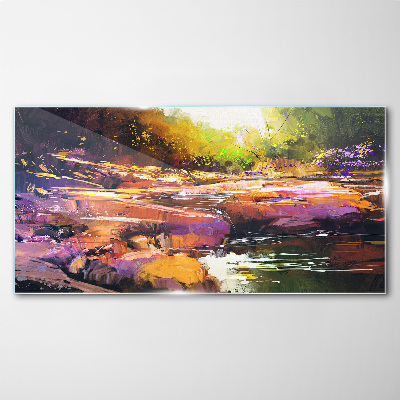 Glasbild Farbenfrohe Landschaft am Fluss
