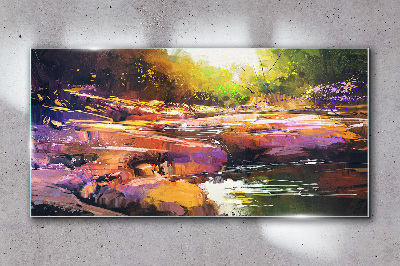 Glasbild Farbenfrohe Landschaft am Fluss