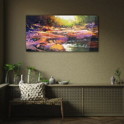 Glasbild Farbenfrohe Landschaft am Fluss