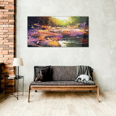 Glasbild Farbenfrohe Landschaft am Fluss