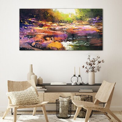 Glasbild Farbenfrohe Landschaft am Fluss