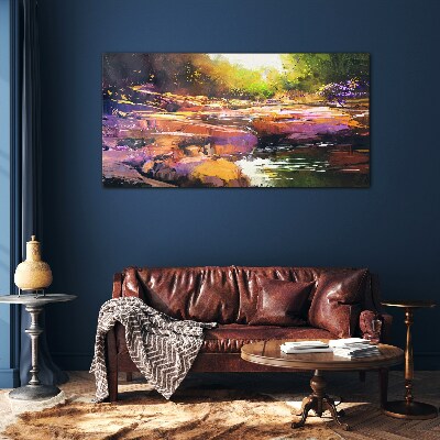 Glasbild Farbenfrohe Landschaft am Fluss