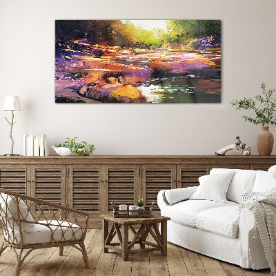 Glasbild Farbenfrohe Landschaft am Fluss