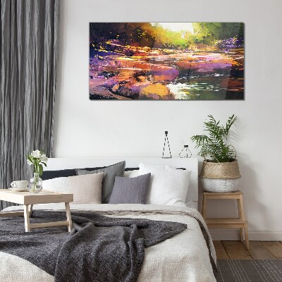 Glasbild Farbenfrohe Landschaft am Fluss