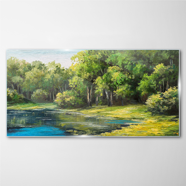 Glasbild Grüne Landschaft über dem Wasser
