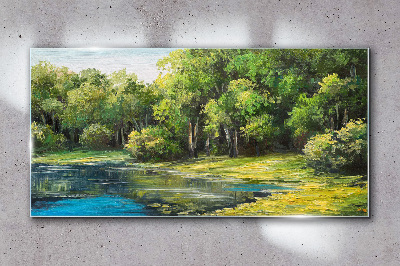 Glasbild Grüne Landschaft über dem Wasser