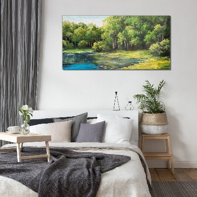 Glasbild Grüne Landschaft über dem Wasser