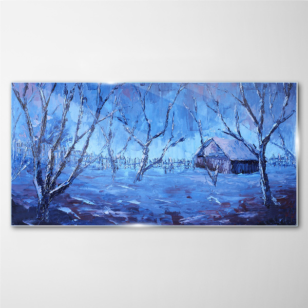 Glas bild Winterlandschaft mit einem Häuschen