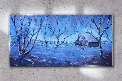 Glas bild Winterlandschaft mit einem Häuschen