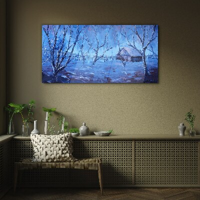 Glas bild Winterlandschaft mit einem Häuschen