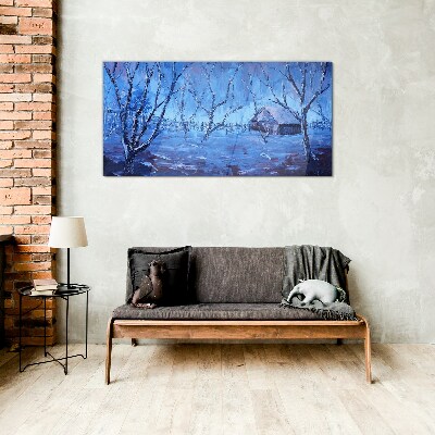 Glas bild Winterlandschaft mit einem Häuschen