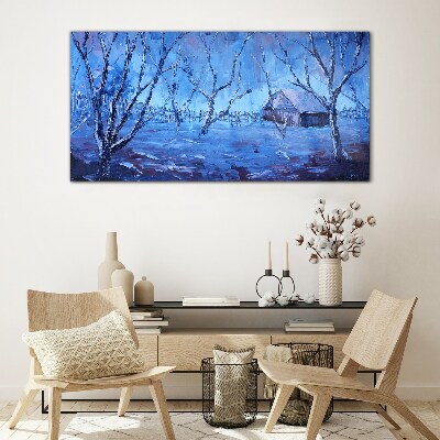 Glas bild Winterlandschaft mit einem Häuschen