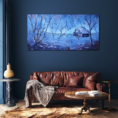 Glas bild Winterlandschaft mit einem Häuschen