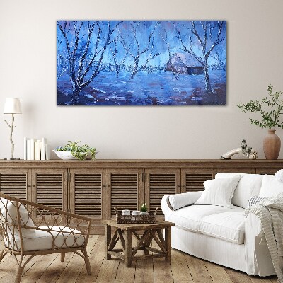 Glas bild Winterlandschaft mit einem Häuschen