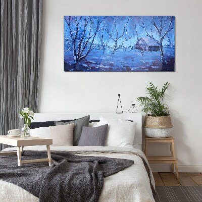 Glas bild Winterlandschaft mit einem Häuschen
