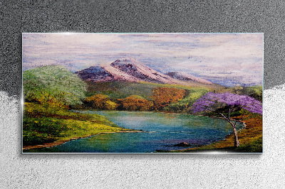 Glasbild Berglandschaft mit See