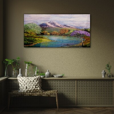 Glasbild Berglandschaft mit See