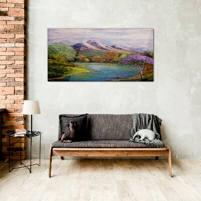 Glasbild Berglandschaft mit See